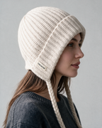 Women's knit earflap hat with braided ties — Off-White, on model, alternate view