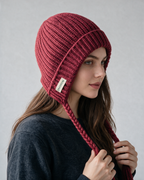 Women's knit earflap hat with braided ties — Red, on model, alternate view