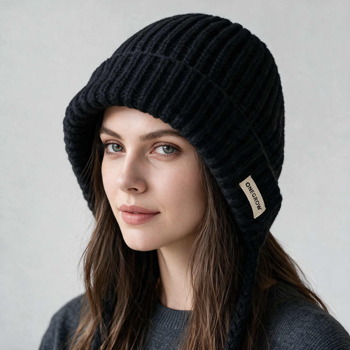 Knit earflap bonnet model detail
