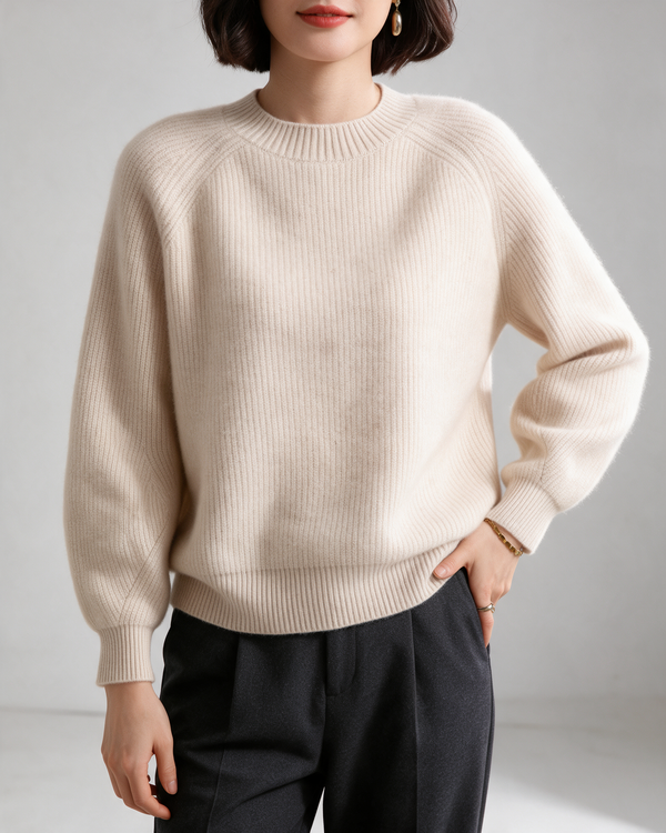 Beige puff-sleeve sweater — cropped front view