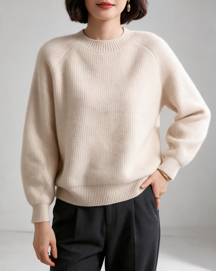 Beige puff-sleeve sweater — cropped front view