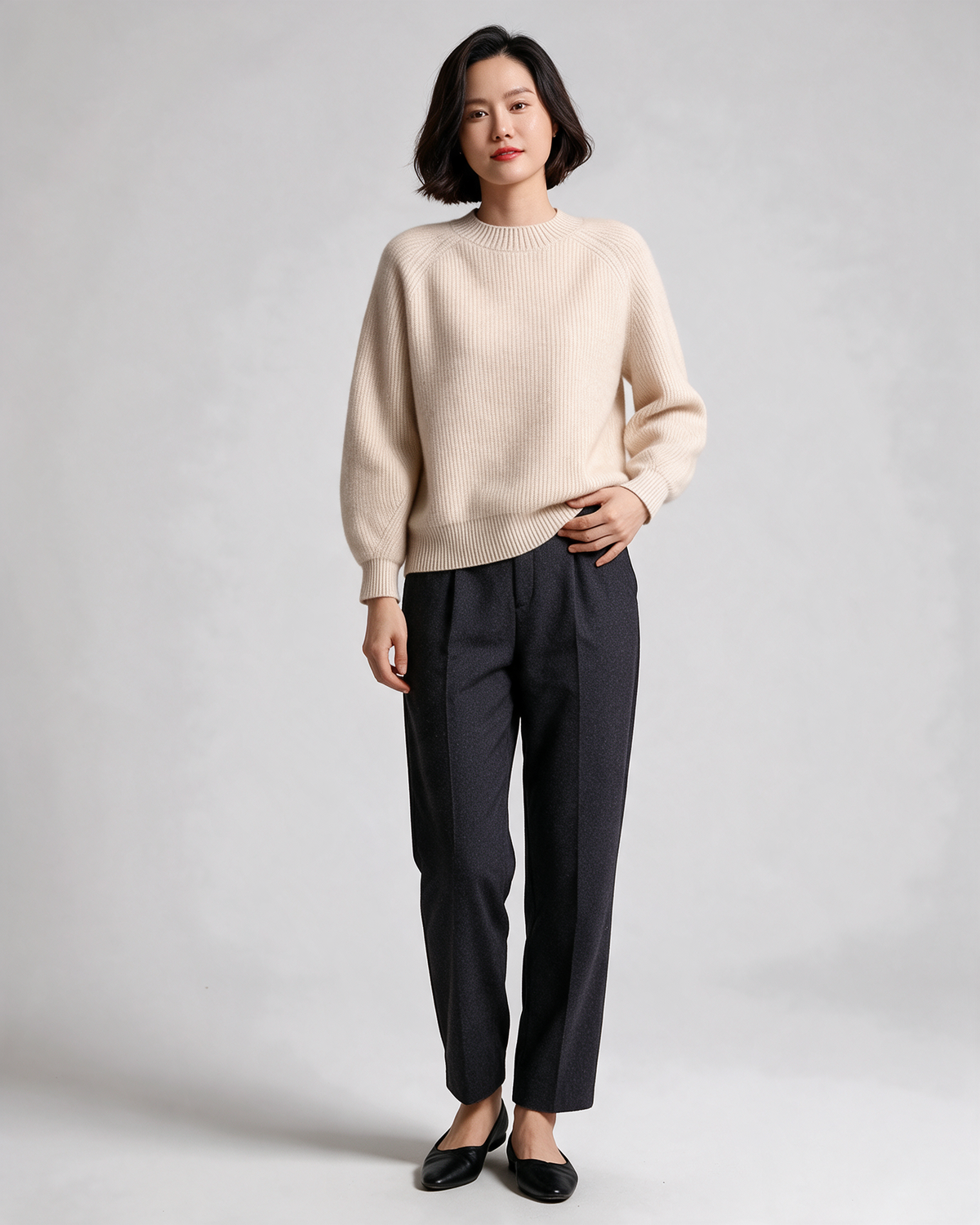 Beige puff-sleeve sweater — full front view