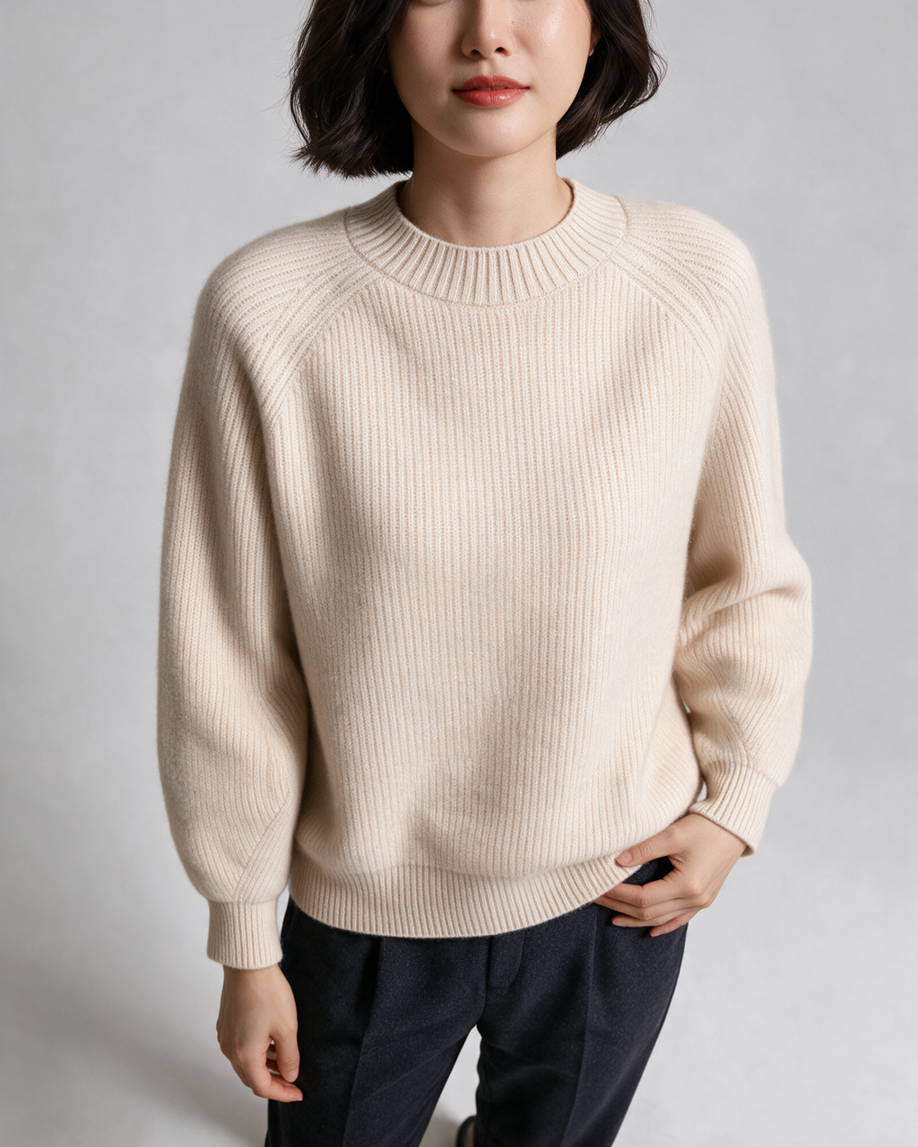 Beige puff-sleeve sweater — gallery-collar