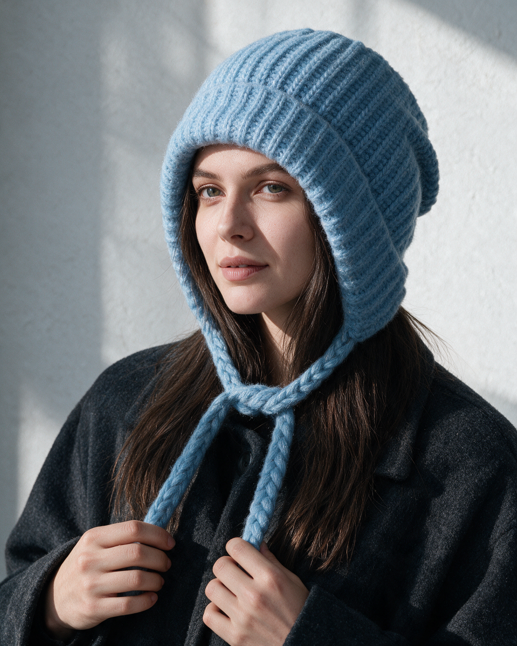 Women's knit earflap hat with braided ties — Blue, on model, styled view