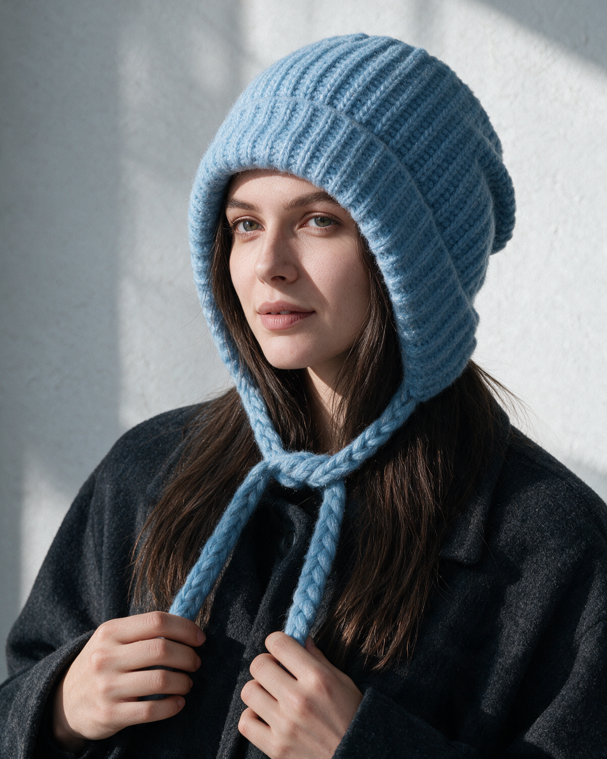 Women's knit earflap hat with braided ties — Blue, on model, styled view