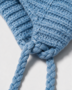 Women's knit earflap hat with braided ties — Blue, fit and construction detail