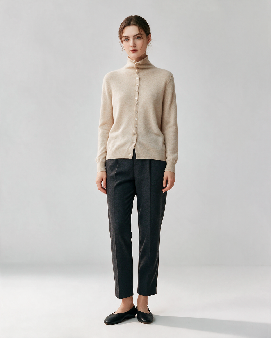 Cream button-front high-neck sweater front