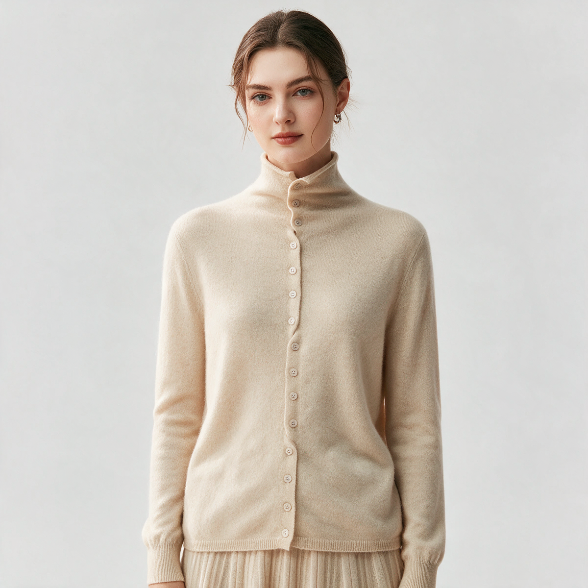 Cream button-front high-neck sweater intro2