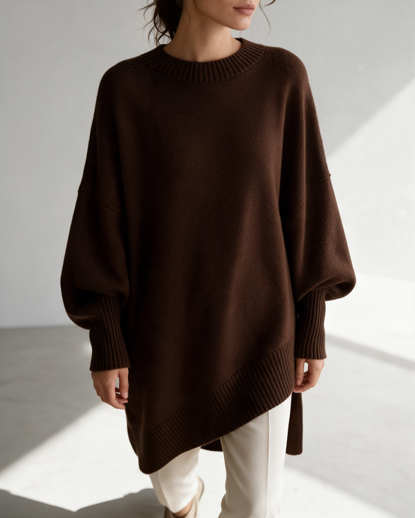 Women's Oversized Crewneck Sweater with Side Slits — Brown, model hero
