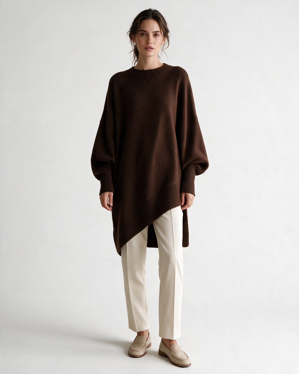 Brown oversized crewneck sweater detail