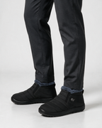 Black plush-lined ankle boots wearing