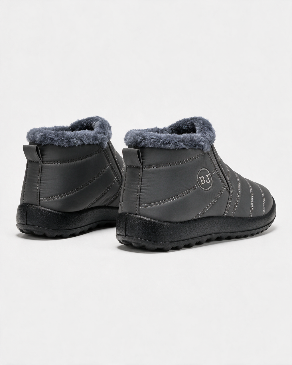 Gray plush-lined ankle boots rear