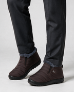Brown plush-lined slip-on ankle boots wearing