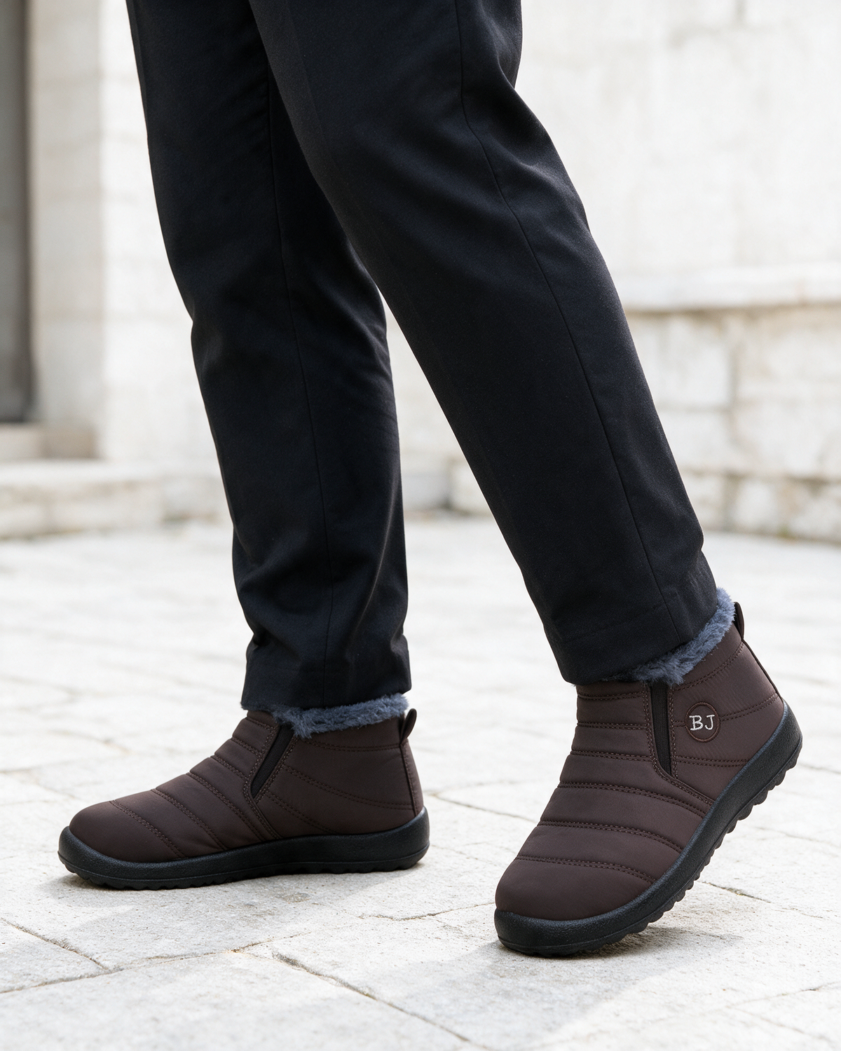 Brown plush-lined slip-on ankle boots lifestyle