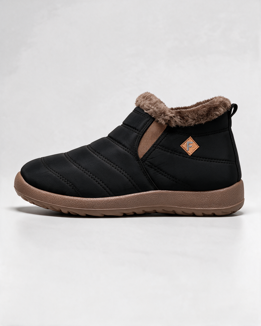 Black ankle boots with brown trim — profile