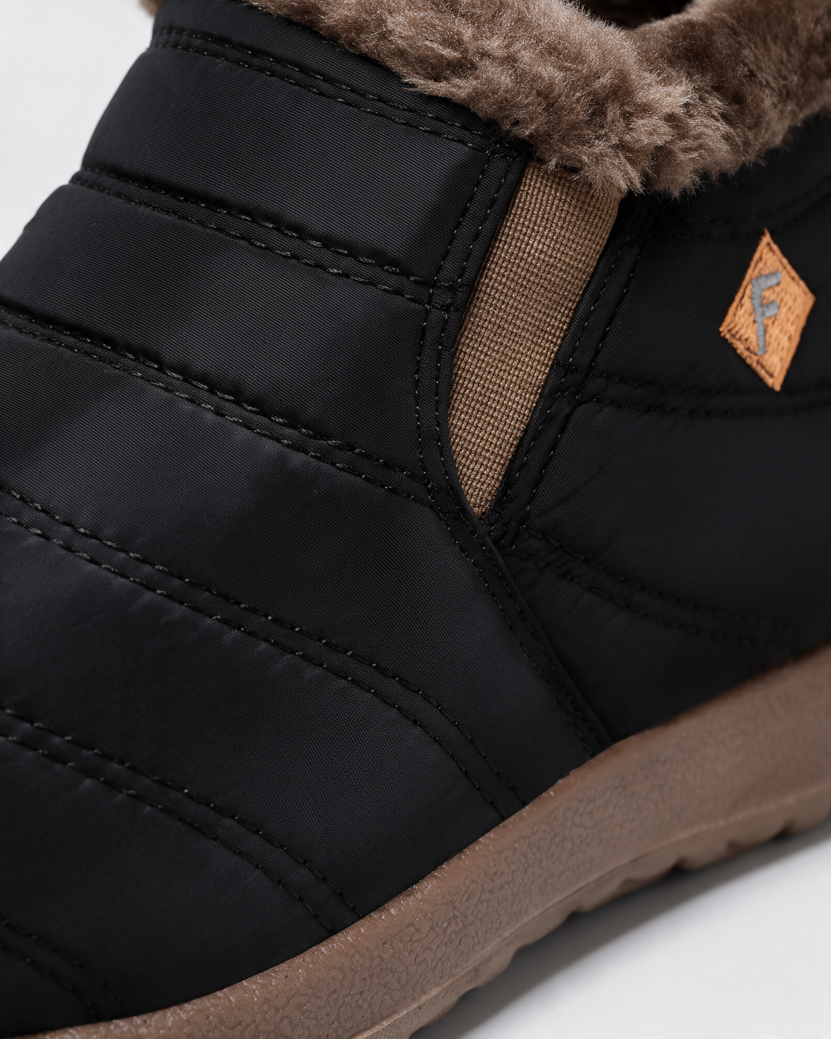 Black ankle boots with brown trim — material