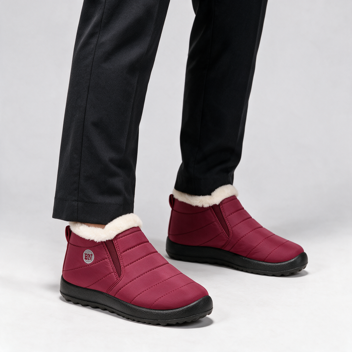 Red and ivory slip-on ankle boots