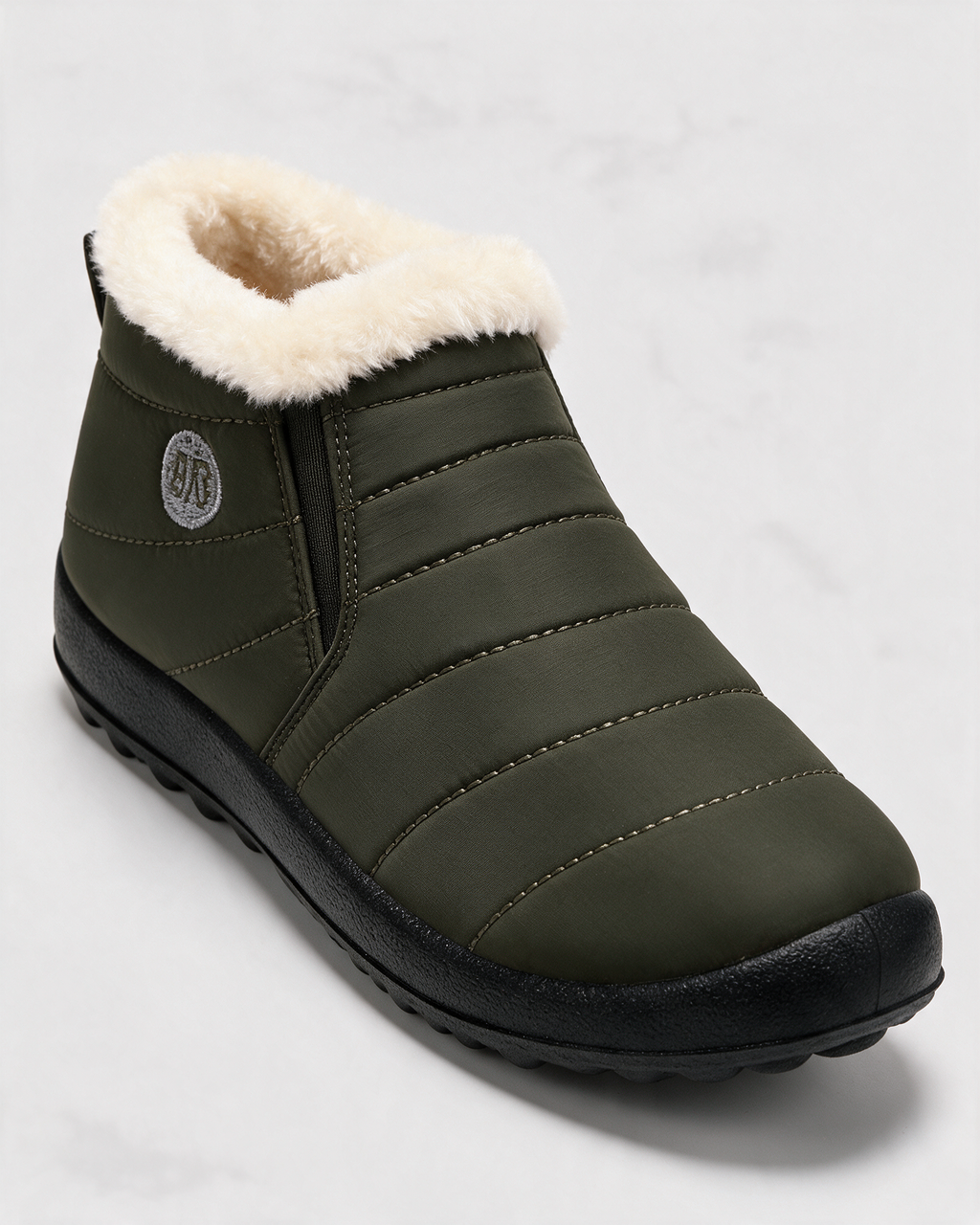 Olive and ivory slip-on ankle boots