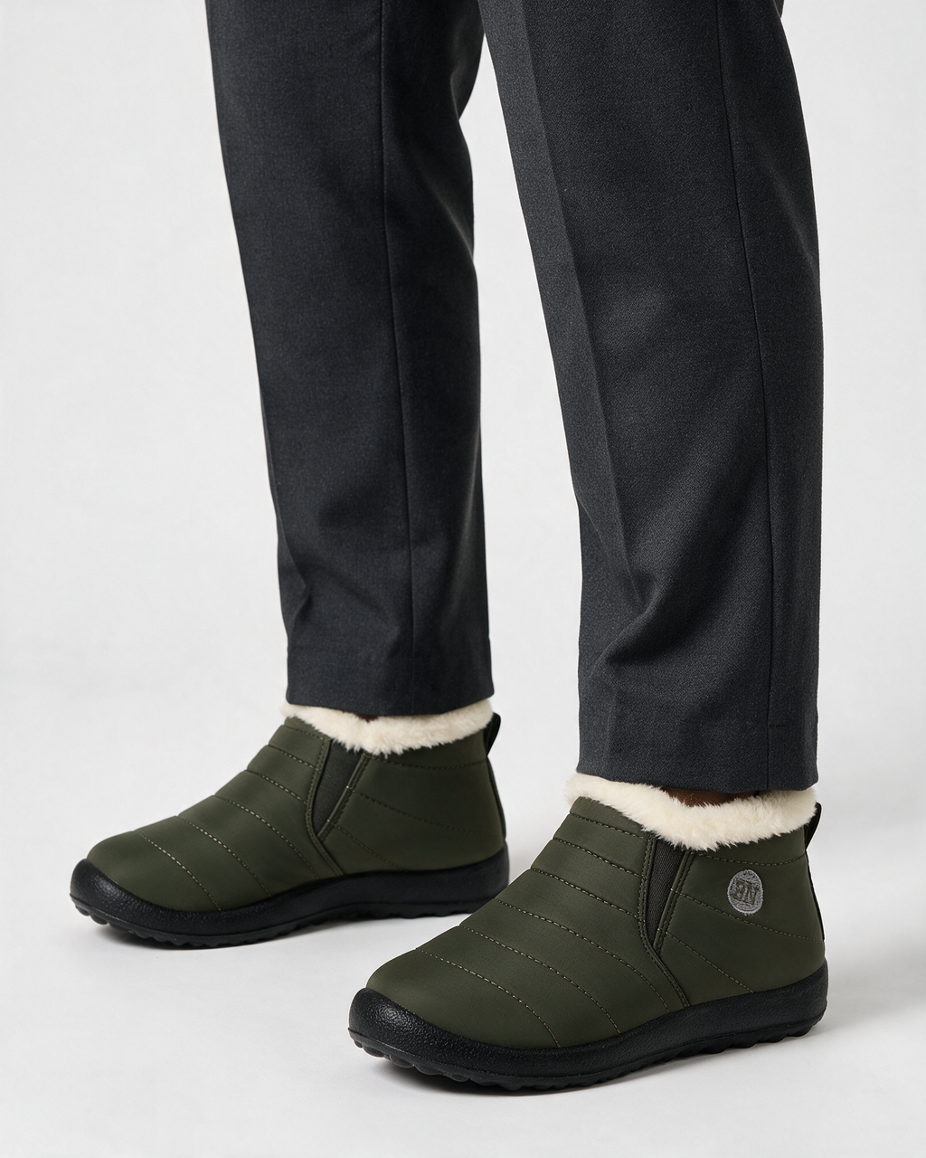 Olive and ivory slip-on ankle boots