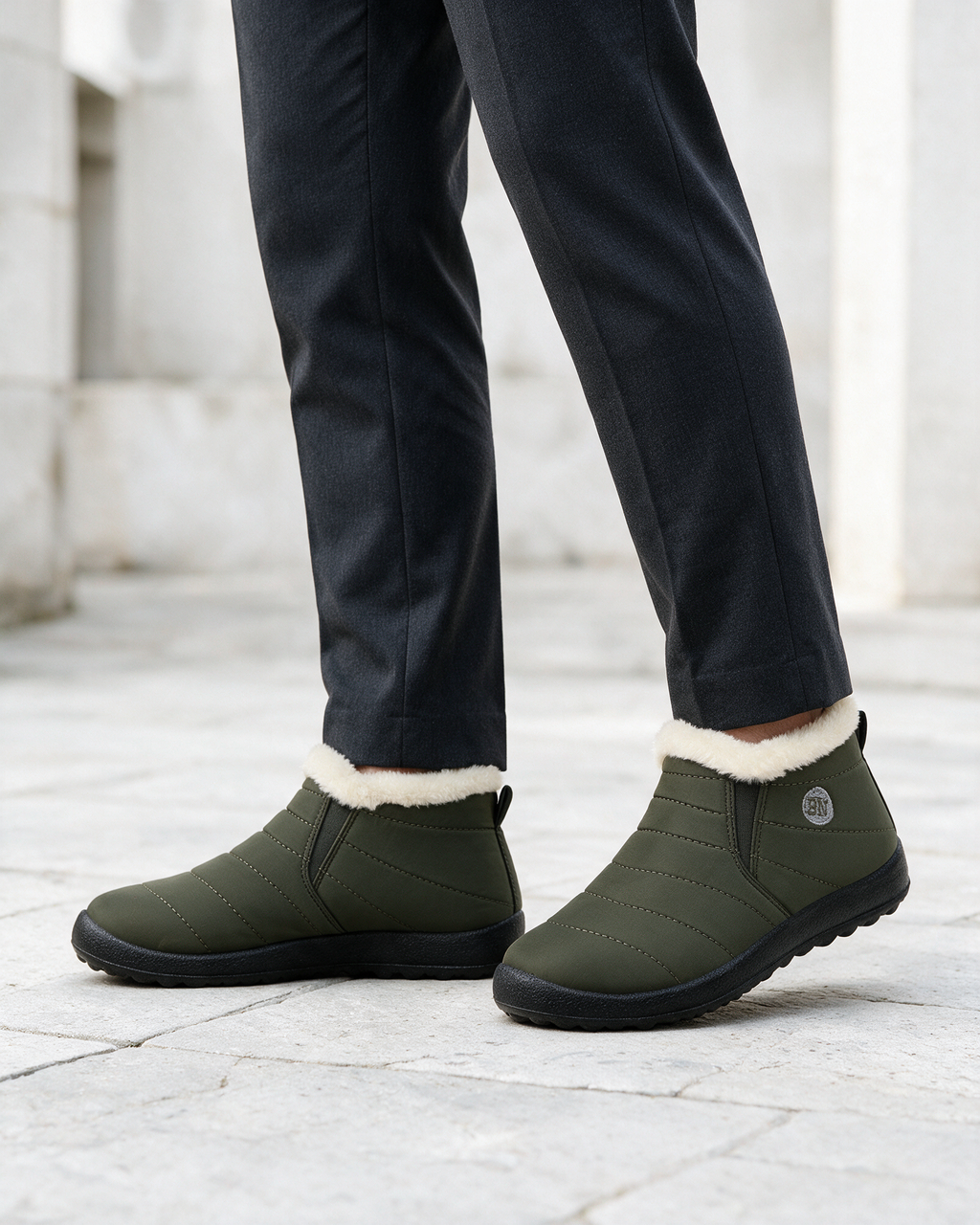 Olive and ivory slip-on ankle boots