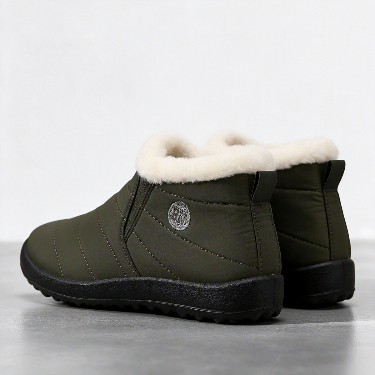 Olive and ivory slip-on ankle boots