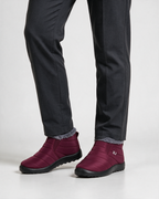 Berry plush-lined boots wearing
