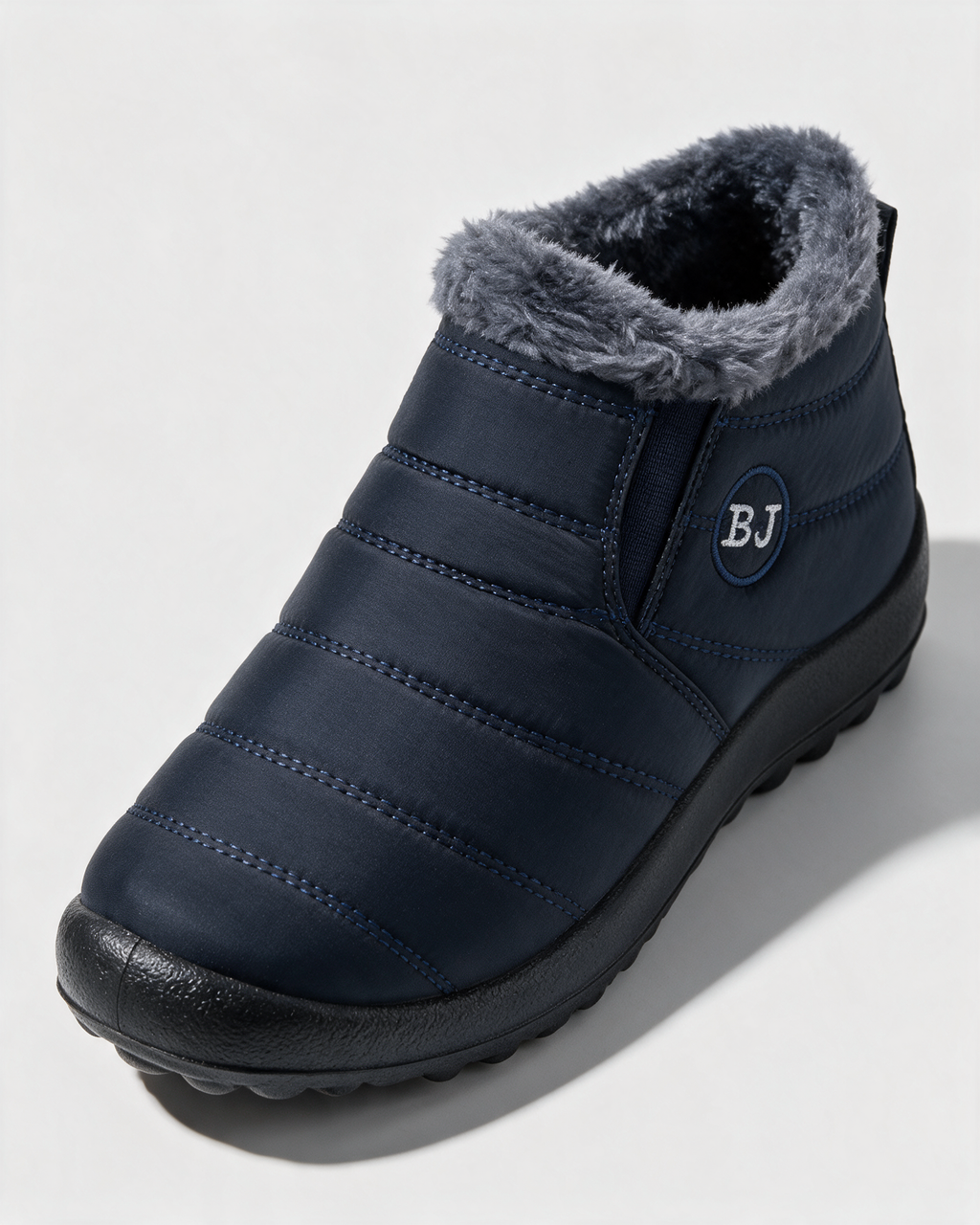 Navy plush-lined boots opening
