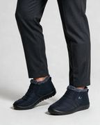 Navy plush-lined boots wearing