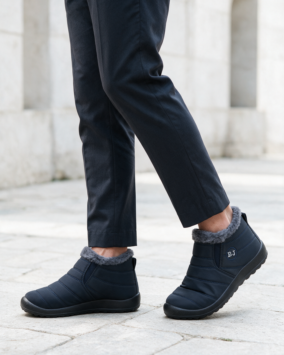 Navy plush-lined boots lifestyle