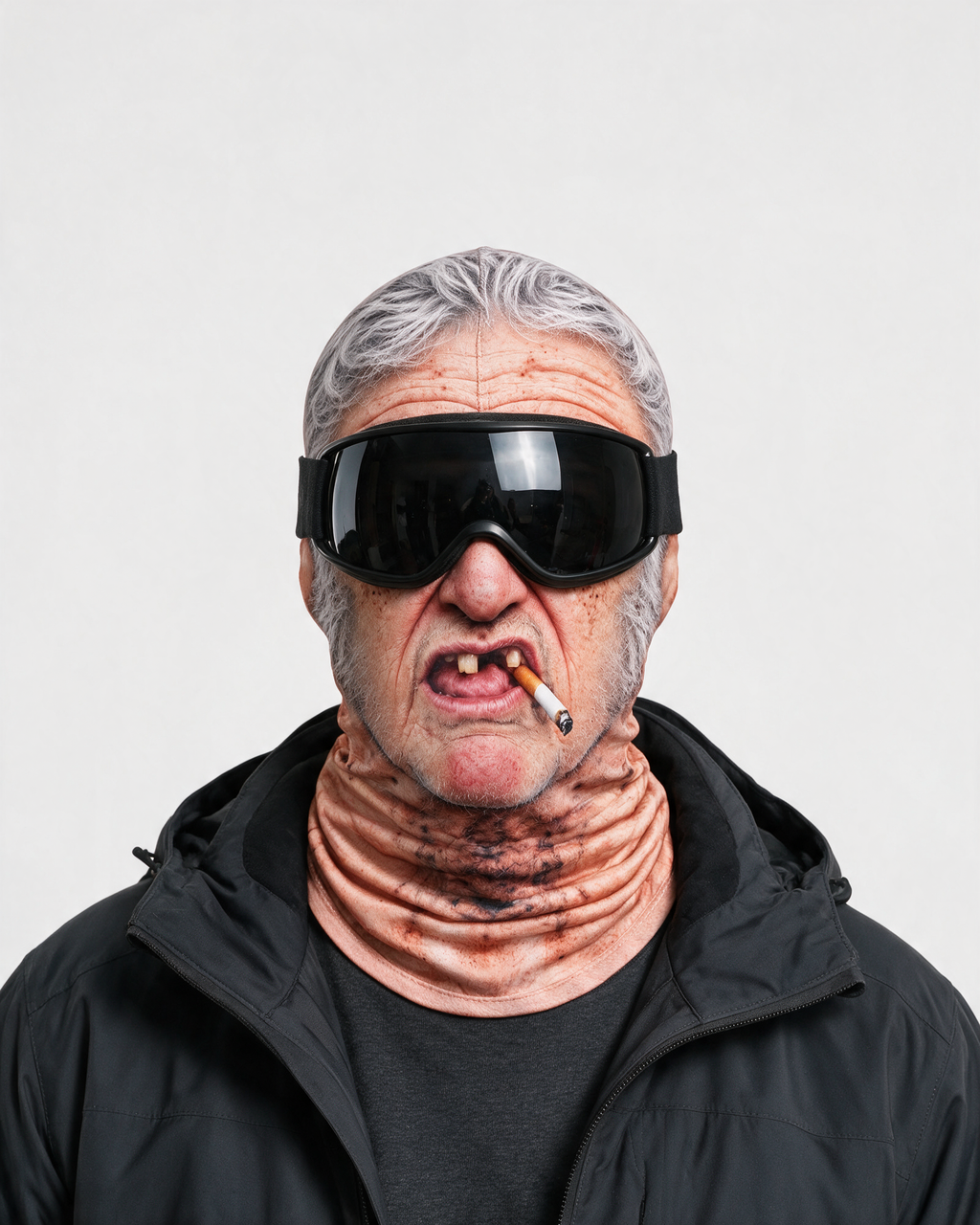 Silver Hair Character printed balaclava styled with black ski goggles