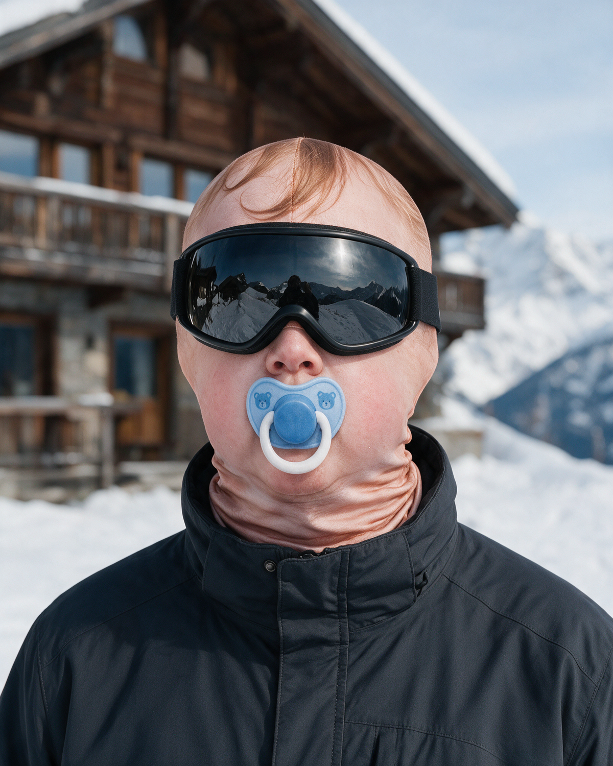 Blue Pacifier print balaclava worn with ski goggles