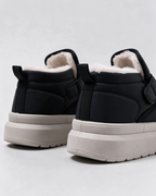 Plush-collar strap boots — product and editorial photography