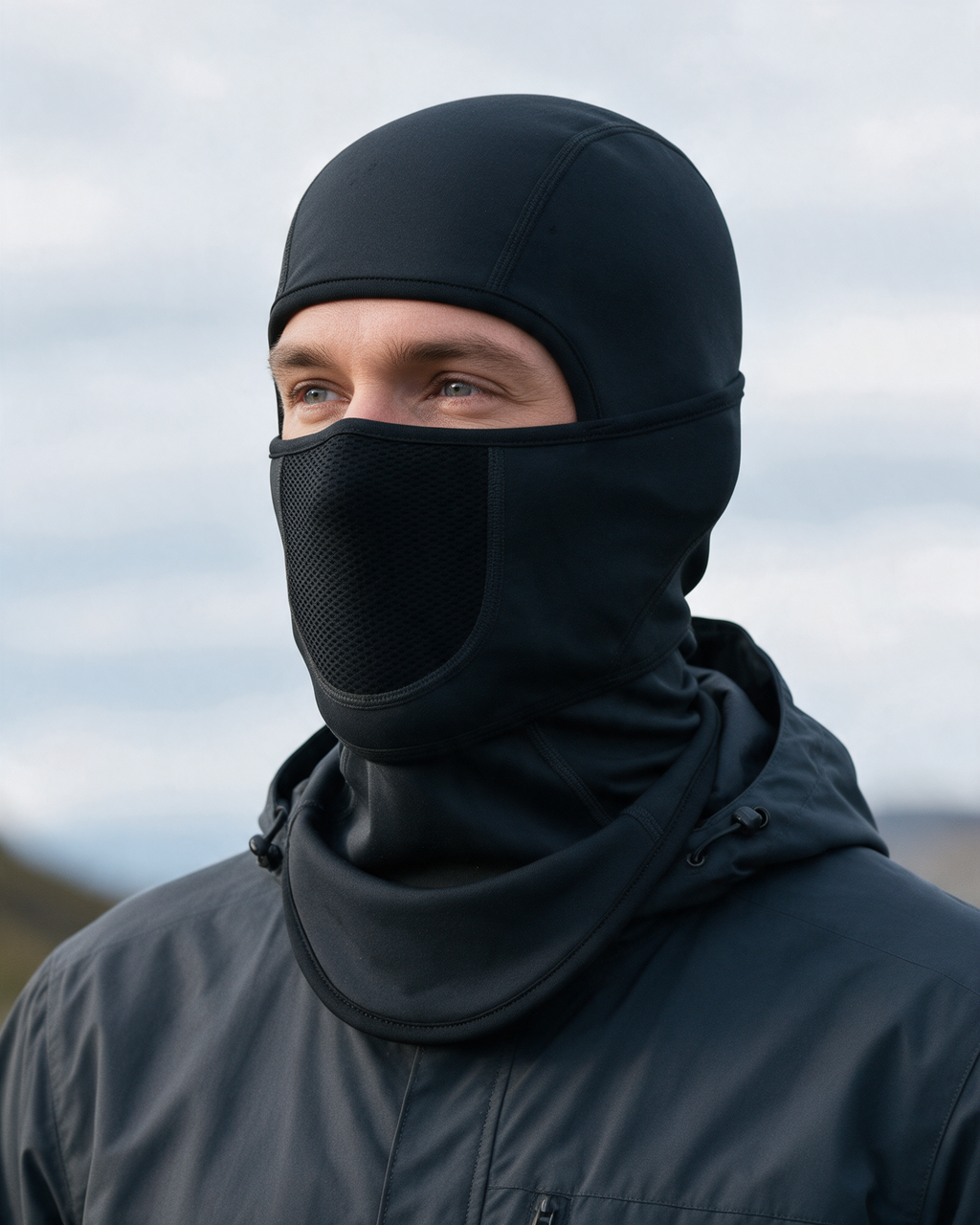 Black fleece-lined balaclava with mesh face panel worn outdoors