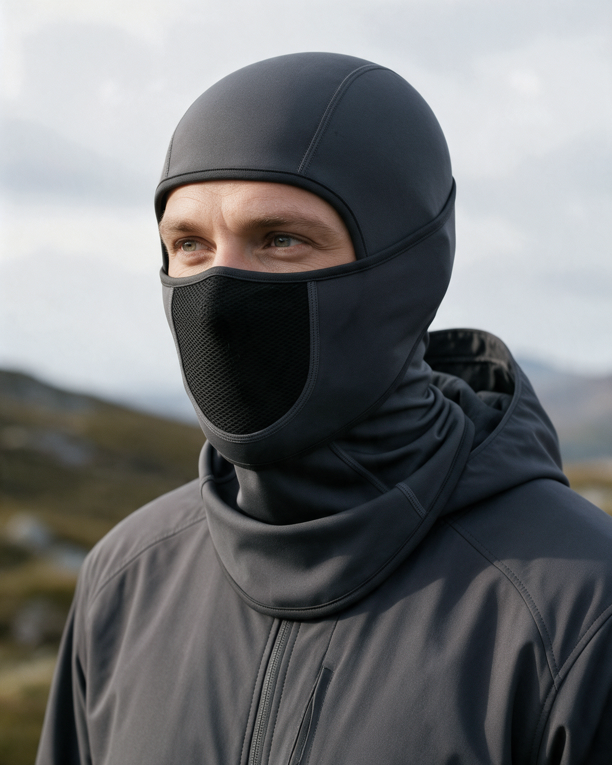 Charcoal Gray fleece-lined balaclava with mesh face panel worn outdoors