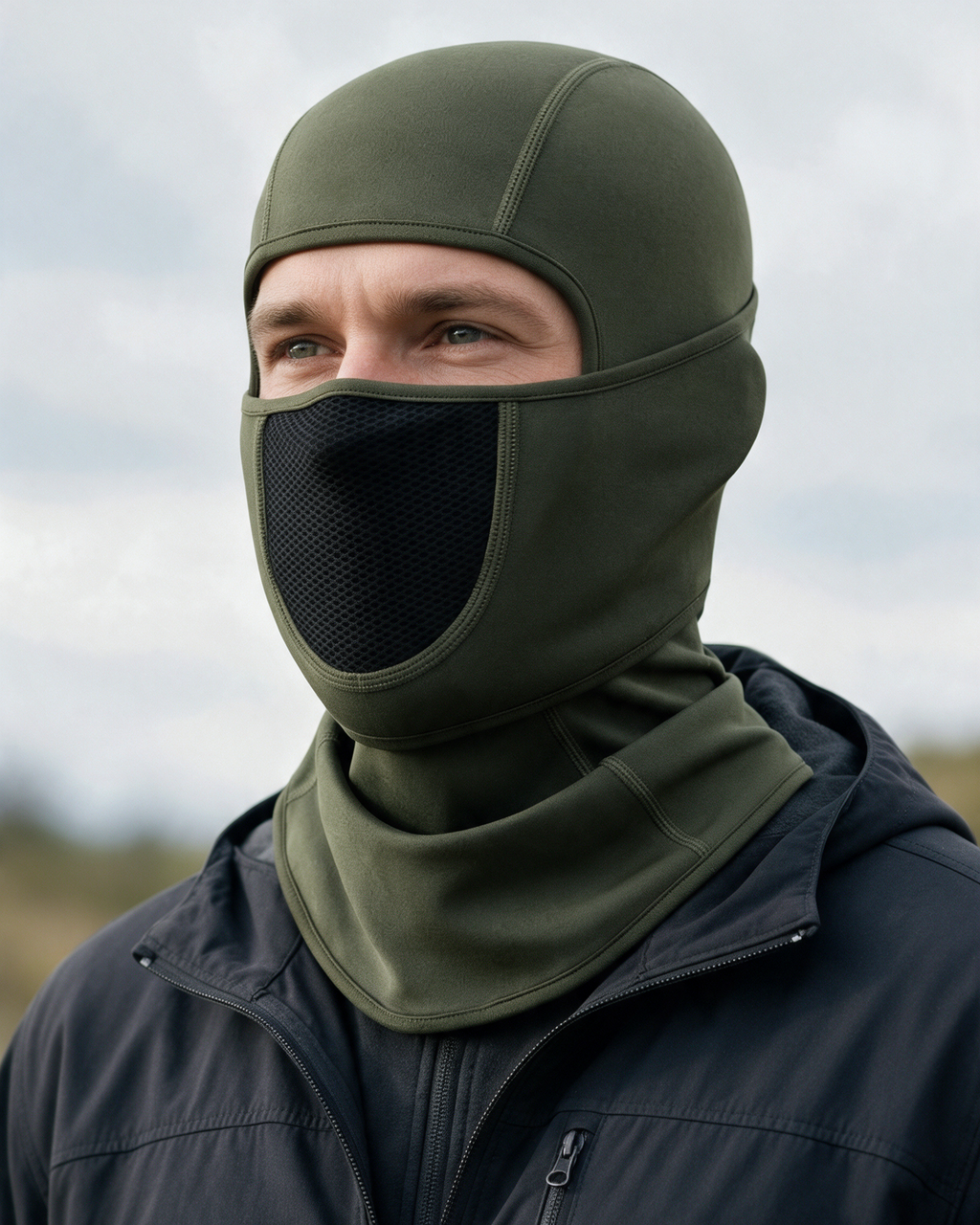 Army Green fleece-lined balaclava with mesh face panel worn outdoors