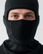 Black fleece-lined balaclava — mesh panel detail on light gray