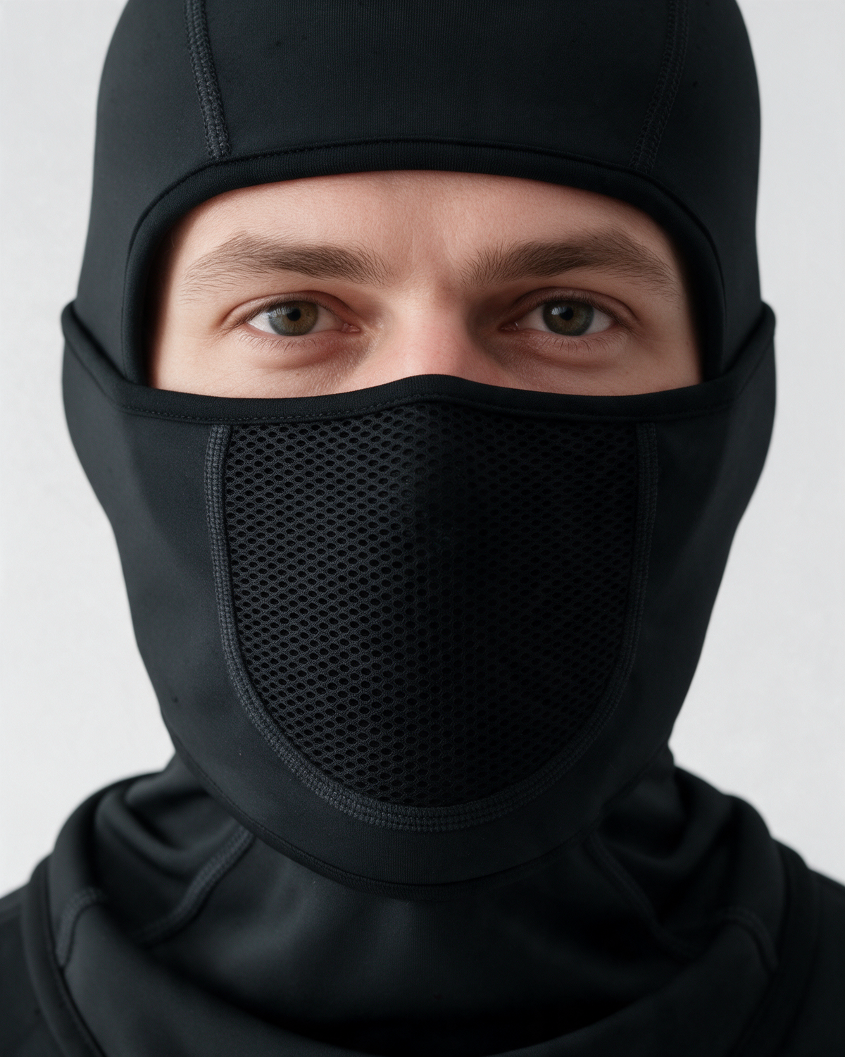 Black fleece-lined balaclava — mesh panel detail on light gray