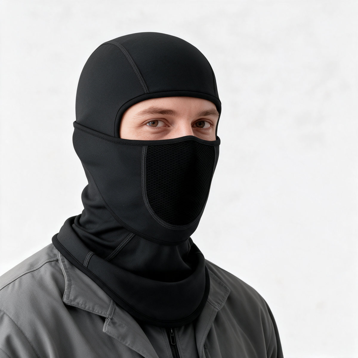 Black balaclava — complete head and neck coverage on light gray