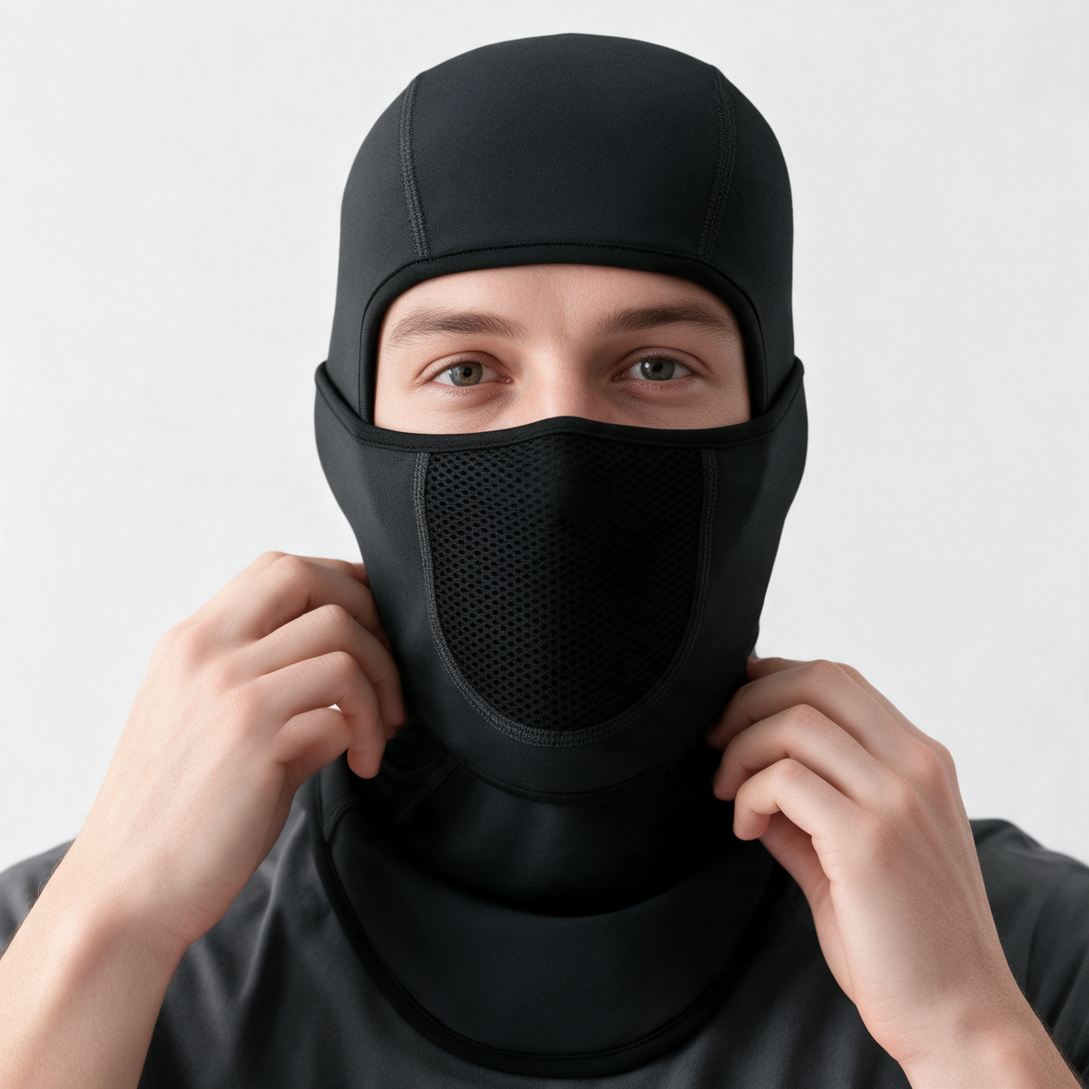 Black balaclava — mesh face panel on light gray