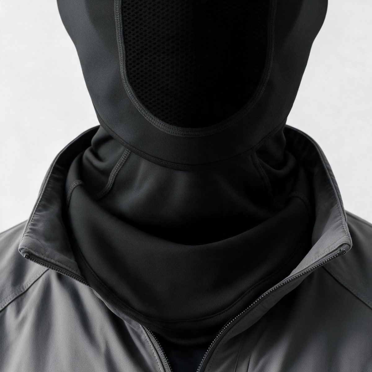 Black balaclava — extended neck bib on light gray