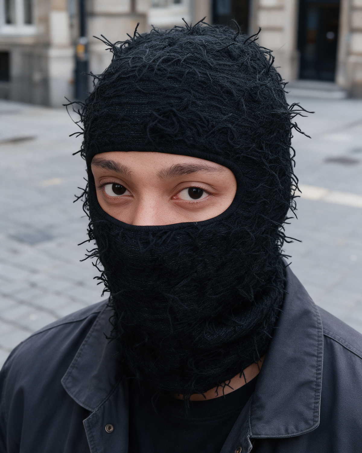 Black distressed knit balaclava