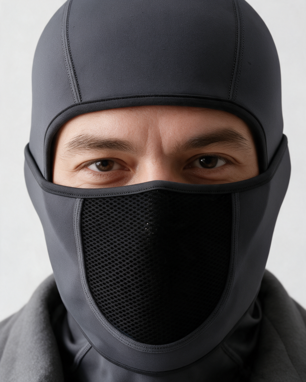Charcoal Gray fleece-lined balaclava — mesh panel detail on light gray