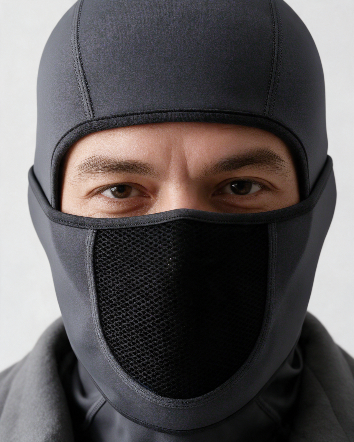 Charcoal Gray fleece-lined balaclava — mesh panel detail on light gray