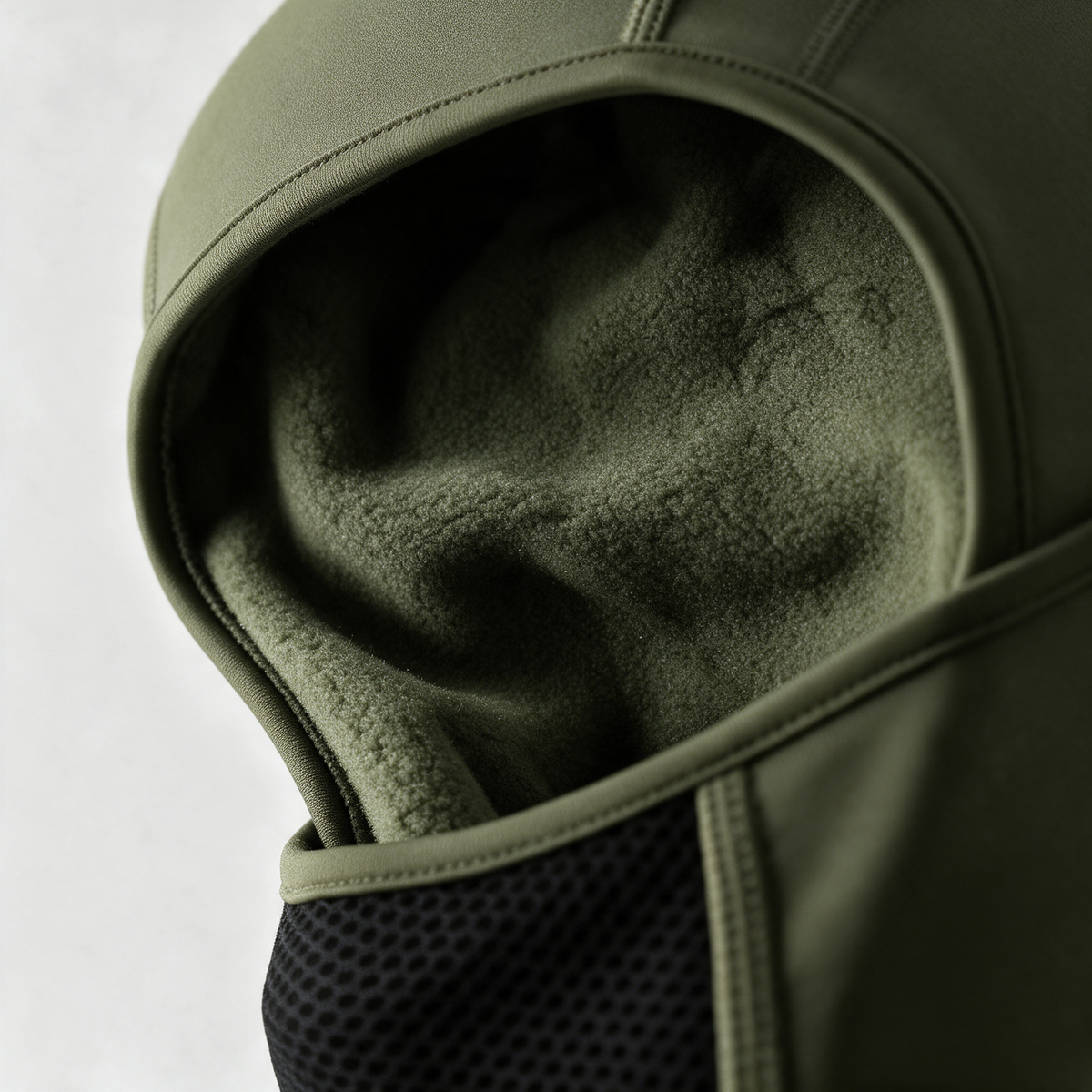Army green fleece-lined balaclava detail