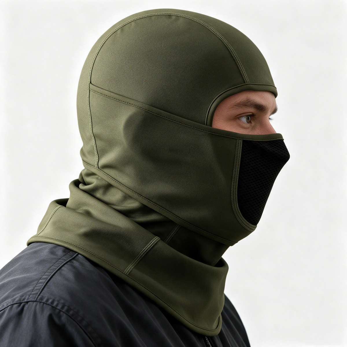 Army green fleece-lined balaclava detail