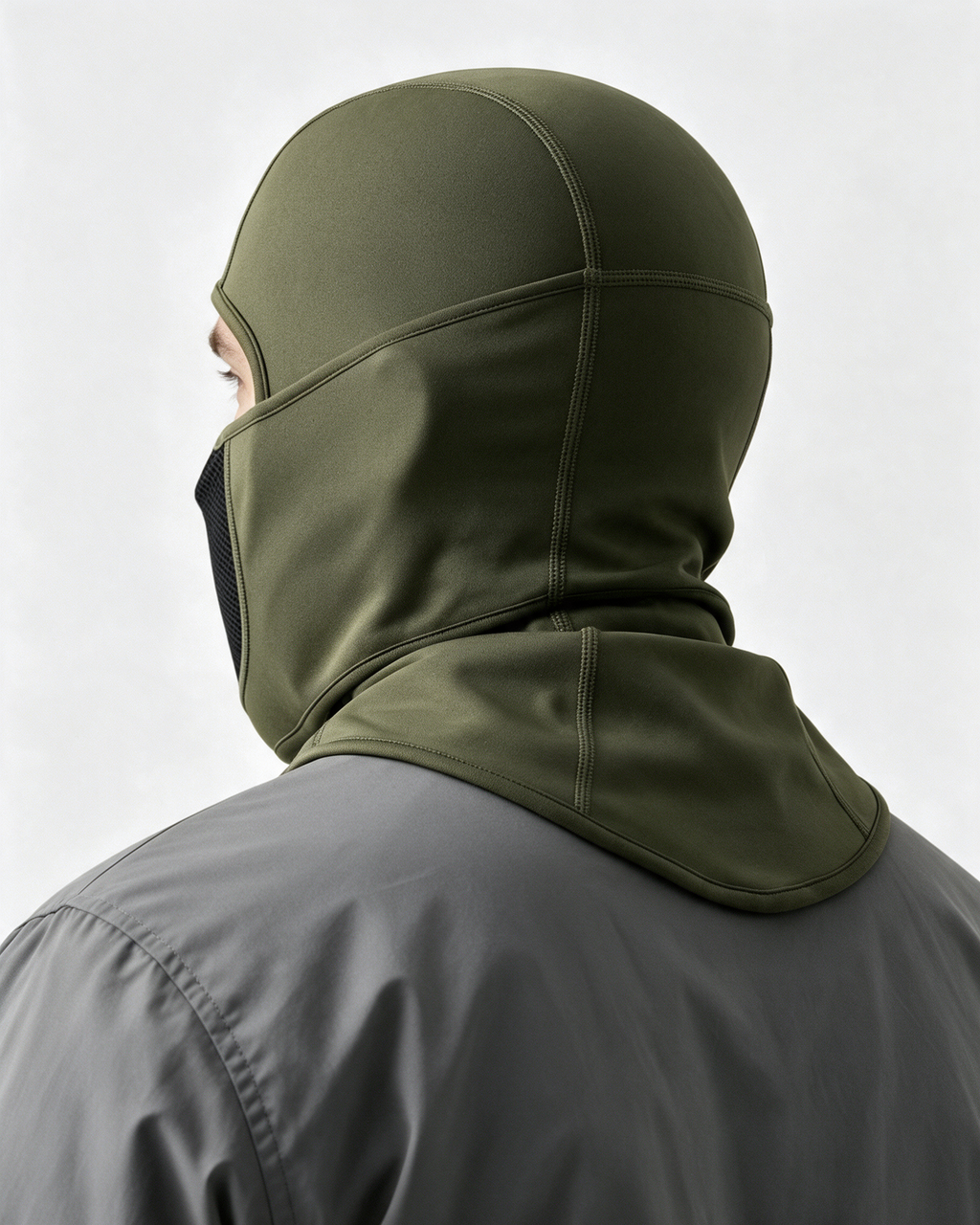 Army Green fleece-lined balaclava — rear view on light gray