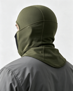 Army Green fleece-lined balaclava — rear view on light gray