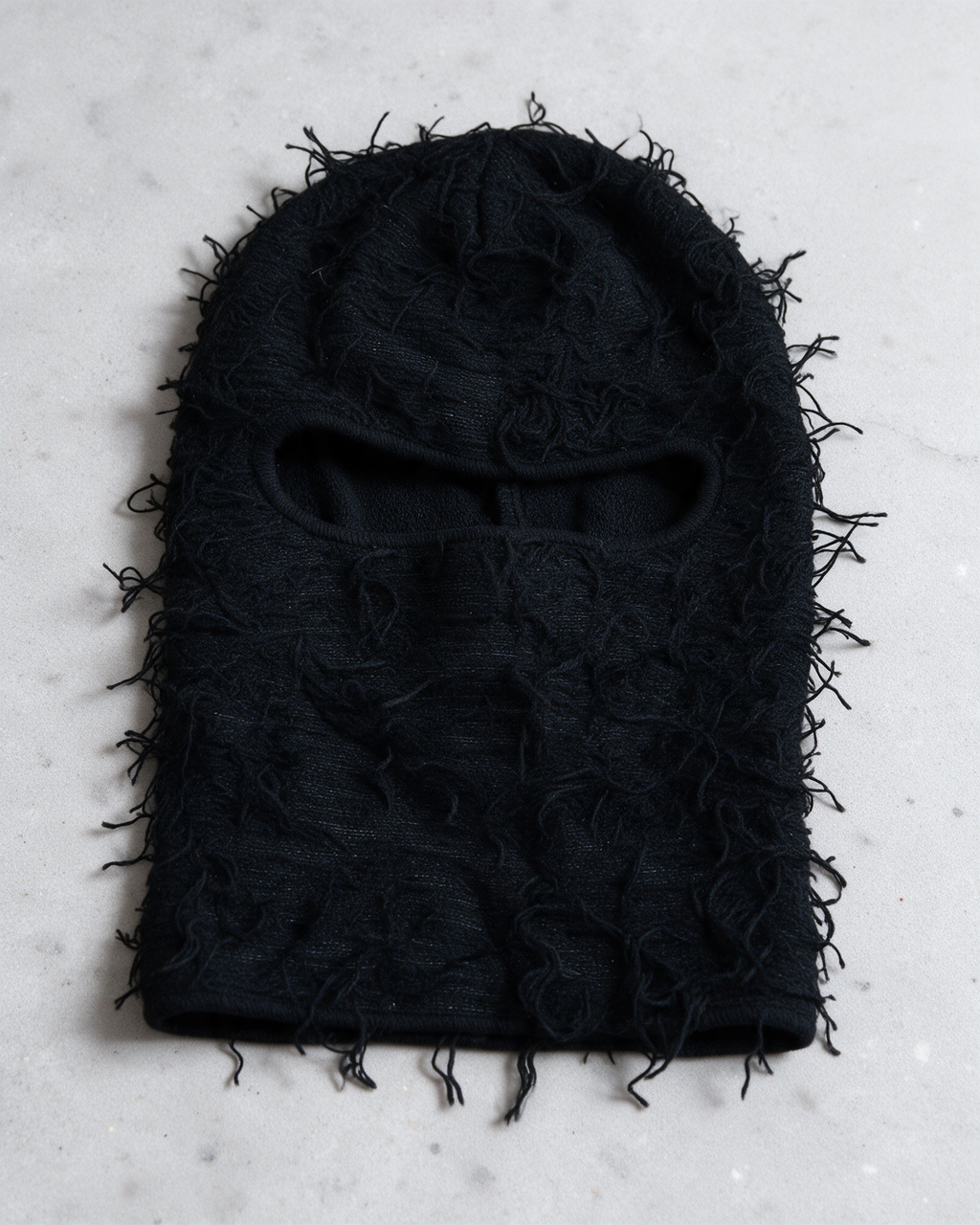 Black distressed knit balaclava product view