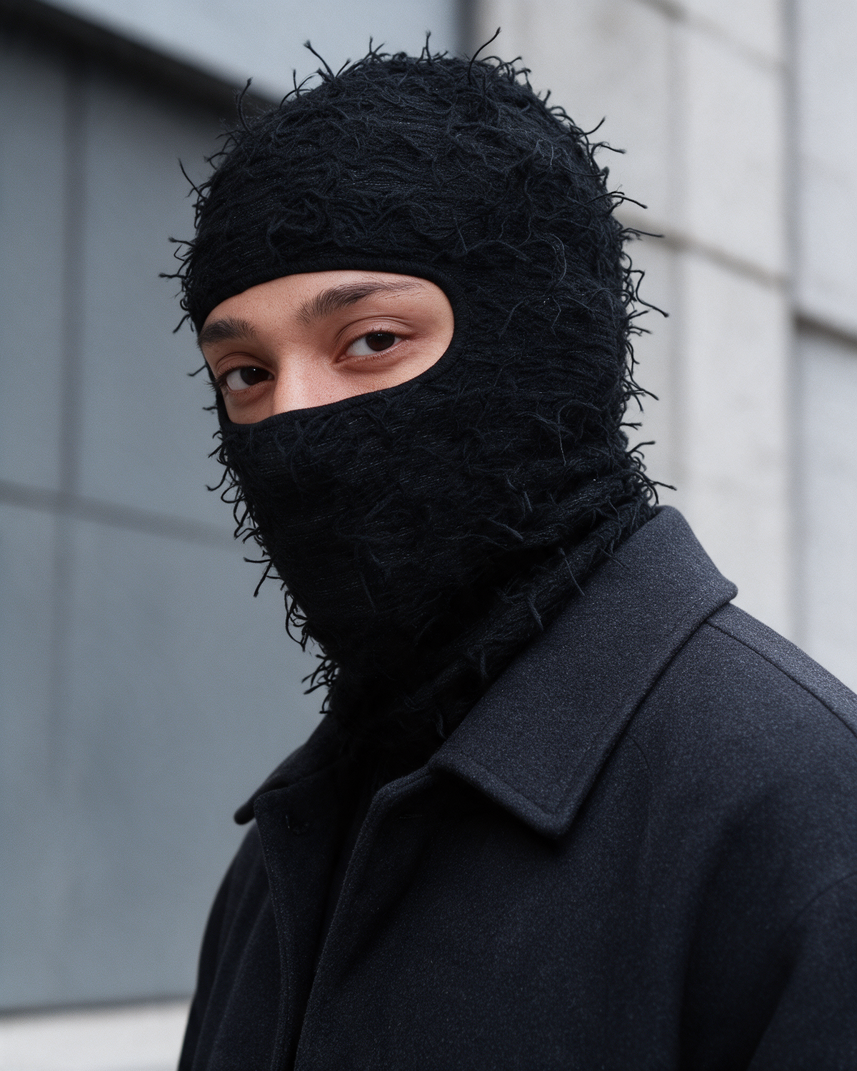 Black distressed knit balaclava product view