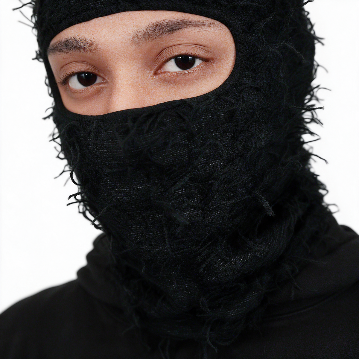 Black distressed knit balaclava feature detail